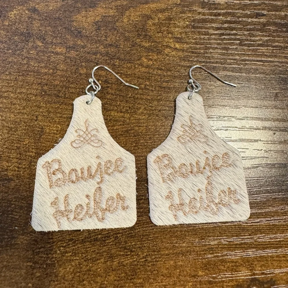 *Cowhide Boujee Heifer Cow Tag Earrings - 2in